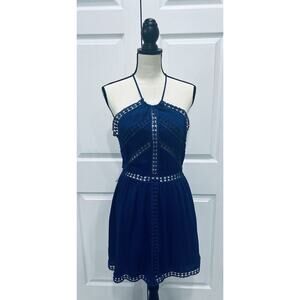 LULUS NWT Dark Blue Halter Embroidered Criss Cross Back Lined Mini Dress Medium